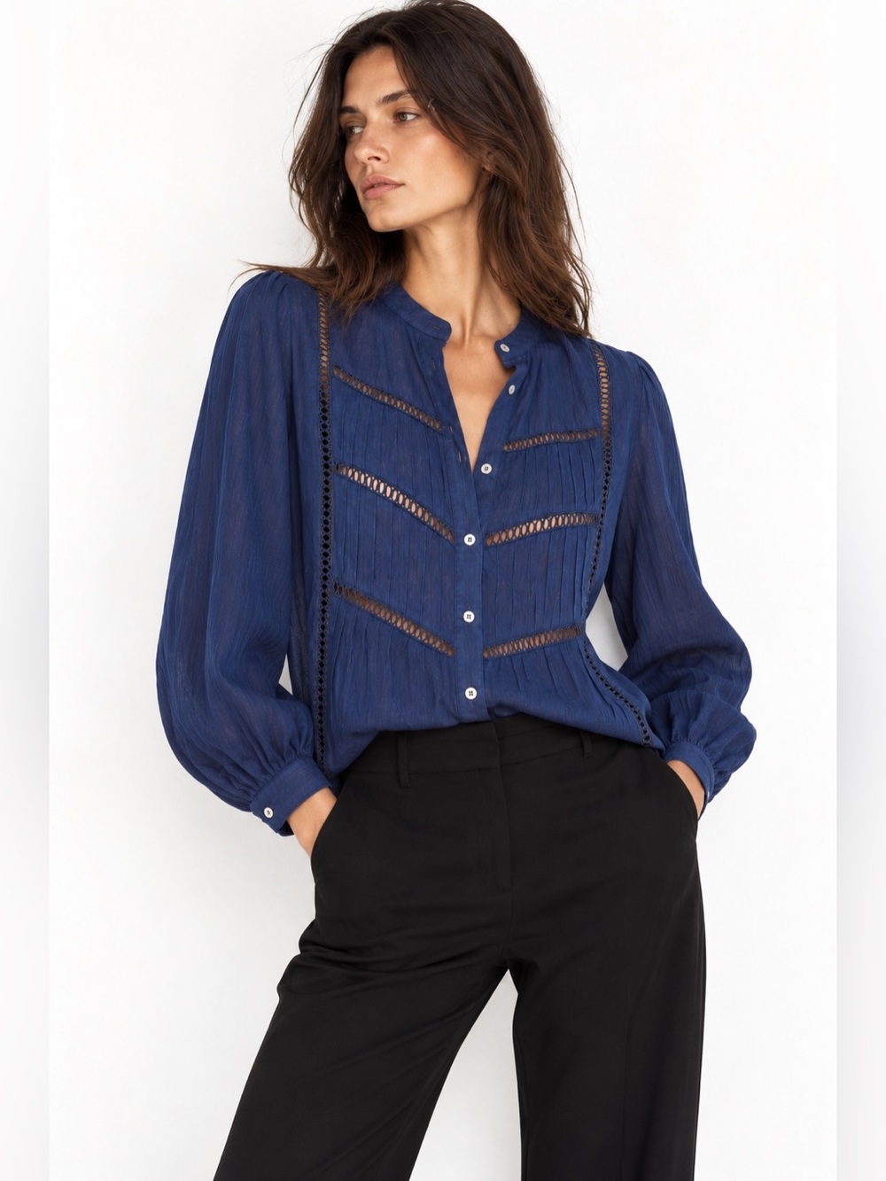 NWT MAYE Paloma French Navy Pintuck Lace Cotton Blouse XS